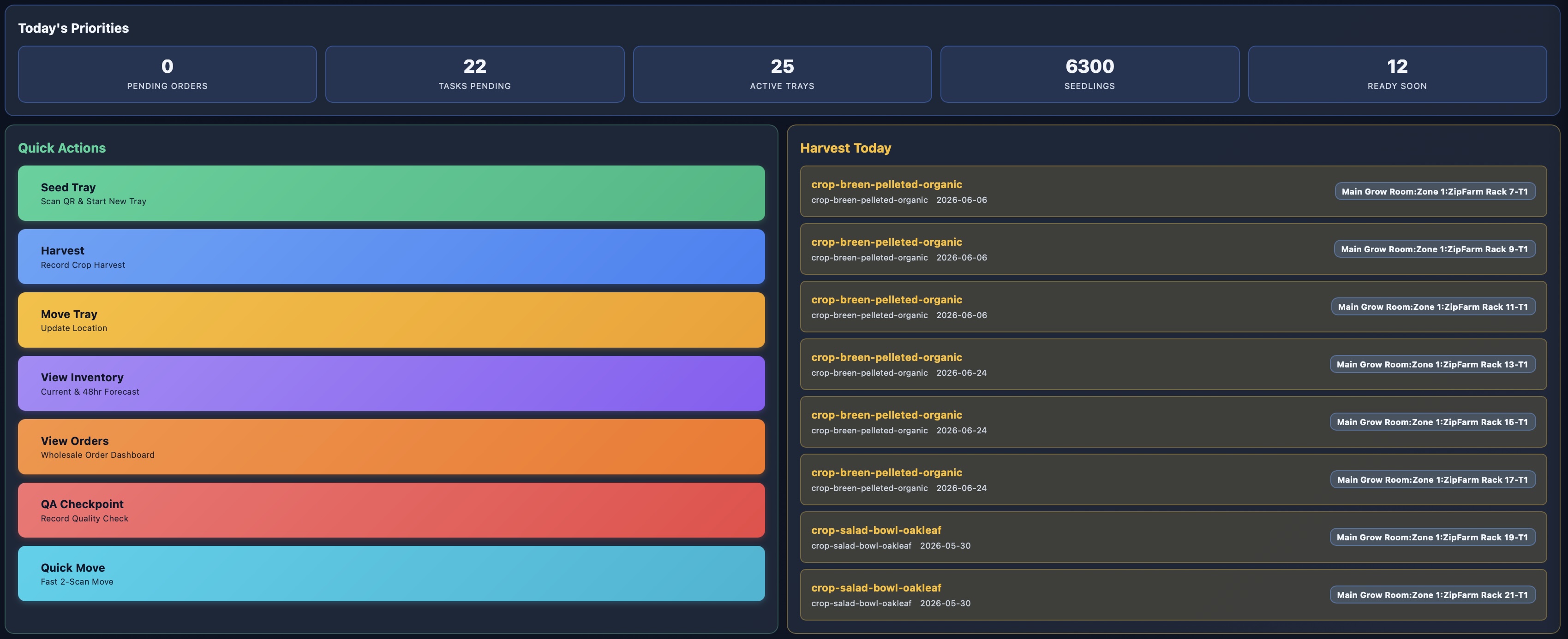 Activity Hub — seed, harvest, move trays, inventory