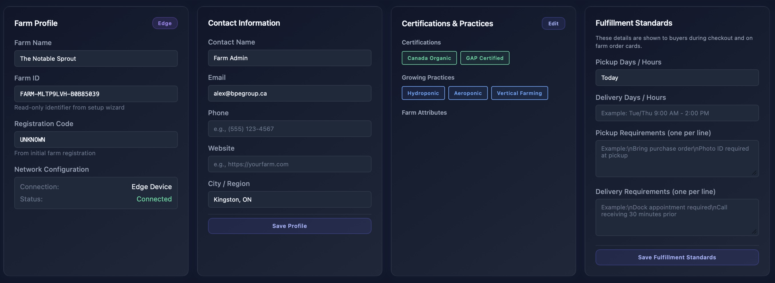 Settings — Farm Profile, Contact & location, Certifications, Fulfilment