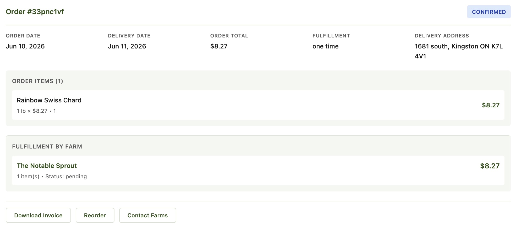 Order confirmation — farm verification + buyer tracking
